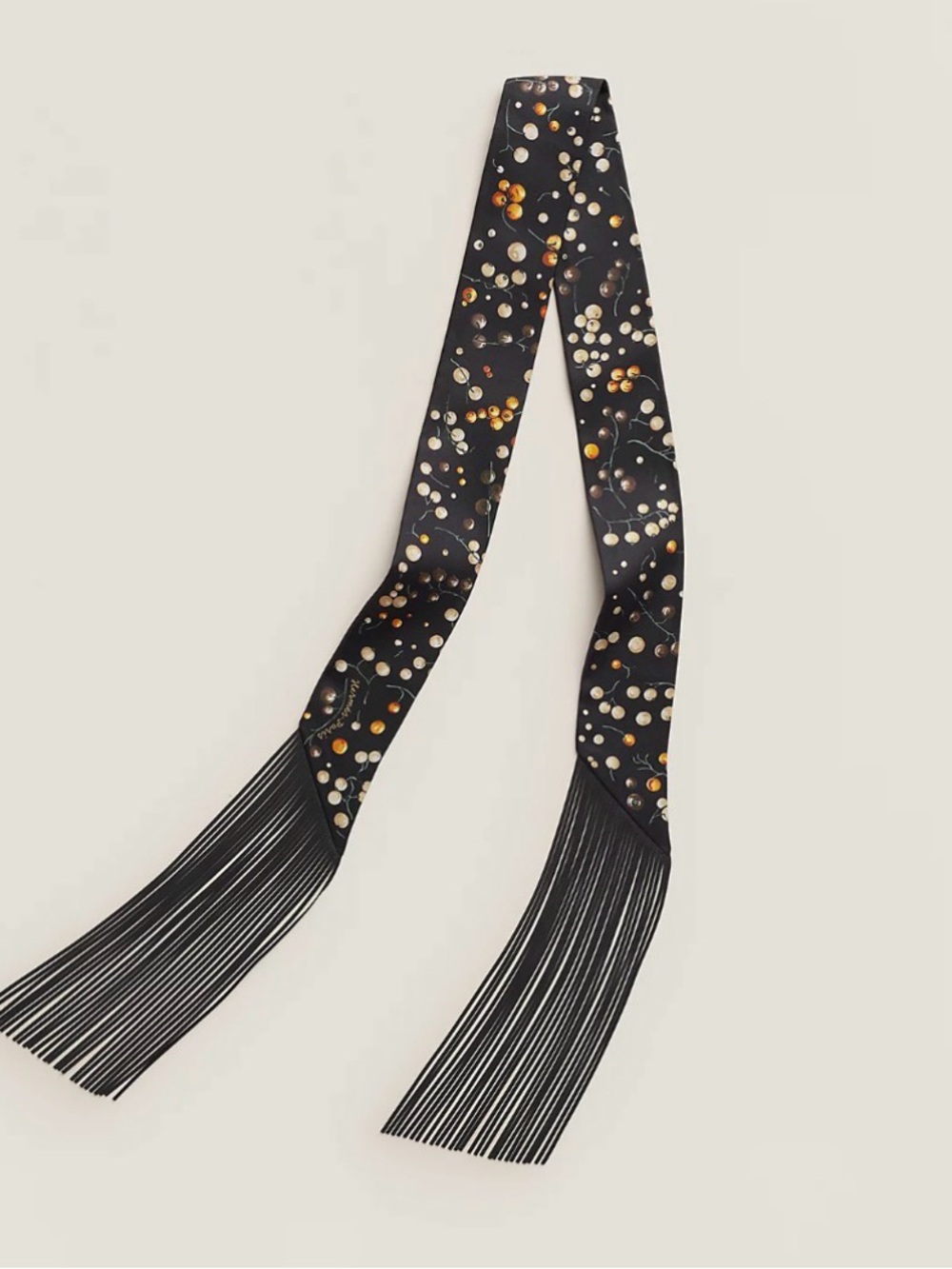 New Hermès Black Red Berries Leather Fringes Twilly